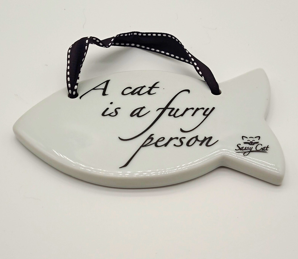 Sassy Cat Ceramic Fish Ornament Hanging Wall Plaque Cat Is A Furry Person 6 X 3